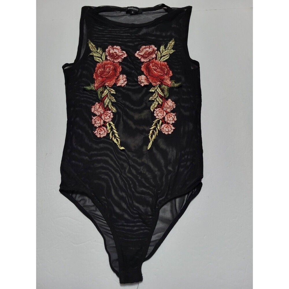(#L4) Ambiance Womens Size M Black Sheer Floral Embroidered Bodysuit